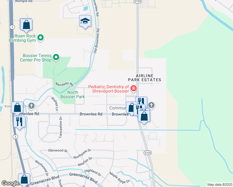 map of restaurants, bars, coffee shops, grocery stores, and more near 2639 Brown Street in Bossier City
