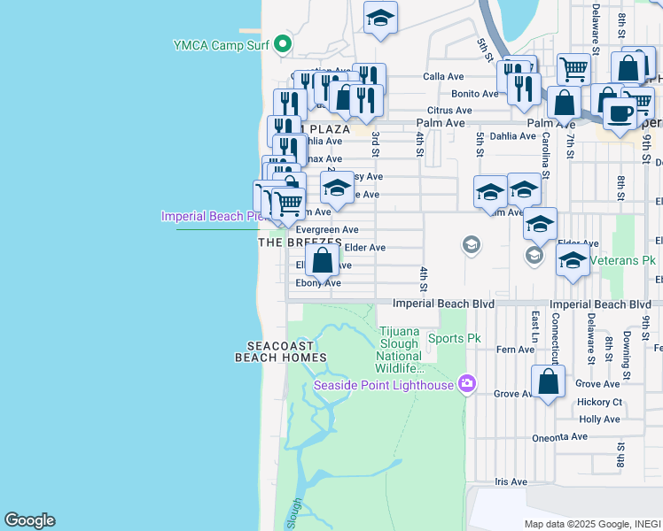 map of restaurants, bars, coffee shops, grocery stores, and more near 2nd Street & Elkwood Avenue in Imperial Beach