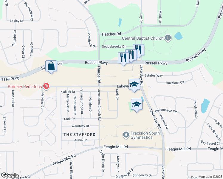 map of restaurants, bars, coffee shops, grocery stores, and more near 86 Falkirk Drive in Warner Robins