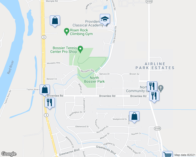 map of restaurants, bars, coffee shops, grocery stores, and more near 4310 Old Brownlee Road in Bossier City