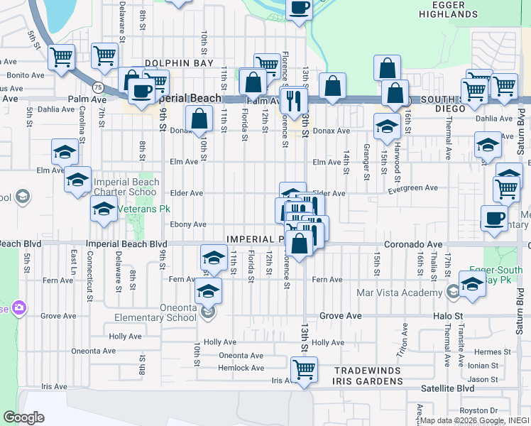 map of restaurants, bars, coffee shops, grocery stores, and more near 1015 12th Street in Imperial Beach