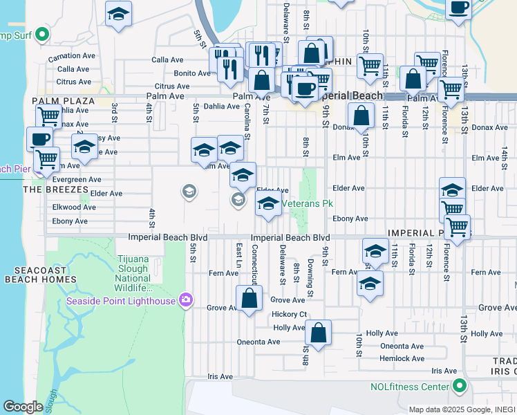 map of restaurants, bars, coffee shops, grocery stores, and more near 1019 Connecticut Street in Imperial Beach