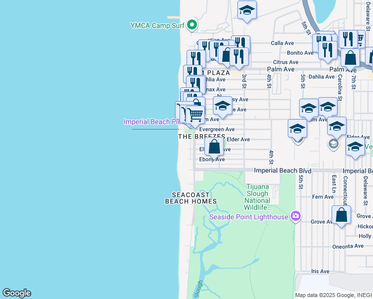 map of restaurants, bars, coffee shops, grocery stores, and more near 12 Ocean Lane in Imperial Beach