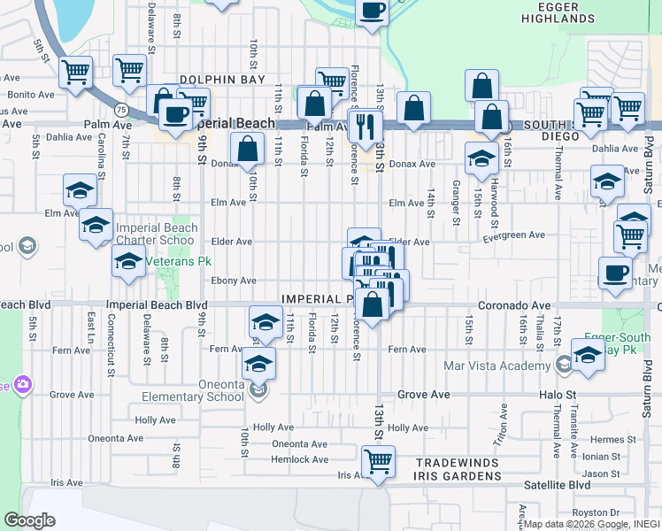 map of restaurants, bars, coffee shops, grocery stores, and more near 1015 12th Street in Imperial Beach