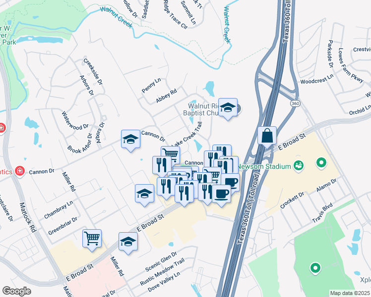 map of restaurants, bars, coffee shops, grocery stores, and more near 11 Crestlake Court in Mansfield