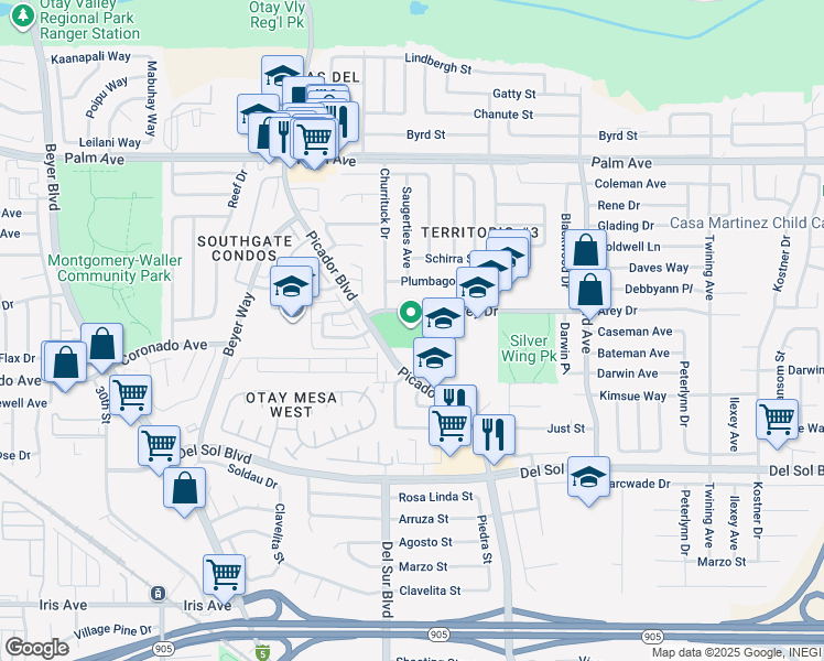 map of restaurants, bars, coffee shops, grocery stores, and more near 3601 Arey Drive in San Diego
