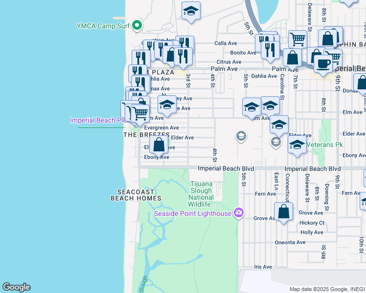 map of restaurants, bars, coffee shops, grocery stores, and more near 293 Elder Avenue in Imperial Beach