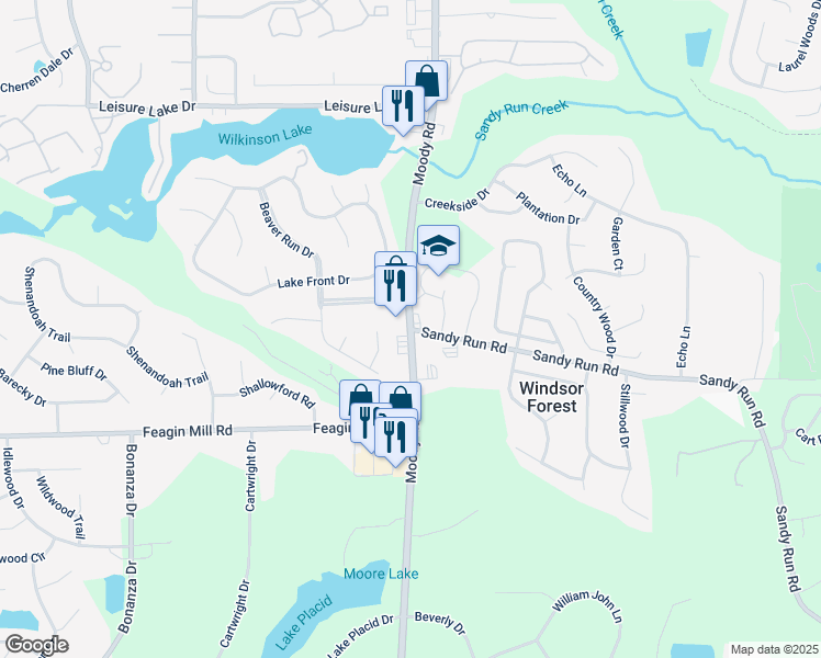 map of restaurants, bars, coffee shops, grocery stores, and more near Moody Rd & Sandy Run Rd in Warner Robins