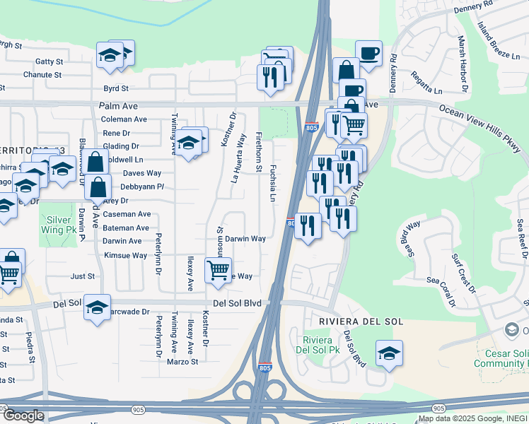 map of restaurants, bars, coffee shops, grocery stores, and more near 986 Firethorn Street in San Diego