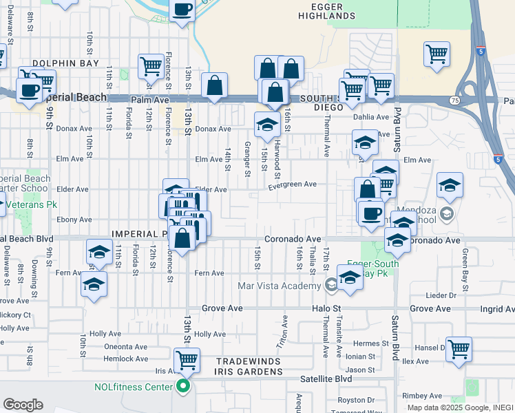 map of restaurants, bars, coffee shops, grocery stores, and more near 1479-85 Elder Avenue in Imperial Beach