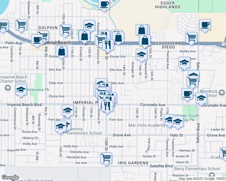 map of restaurants, bars, coffee shops, grocery stores, and more near 1019 13th Street in Imperial Beach