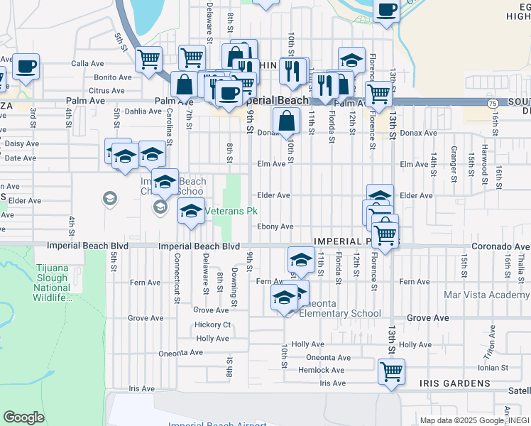 map of restaurants, bars, coffee shops, grocery stores, and more near 1015 9th Street in Imperial Beach