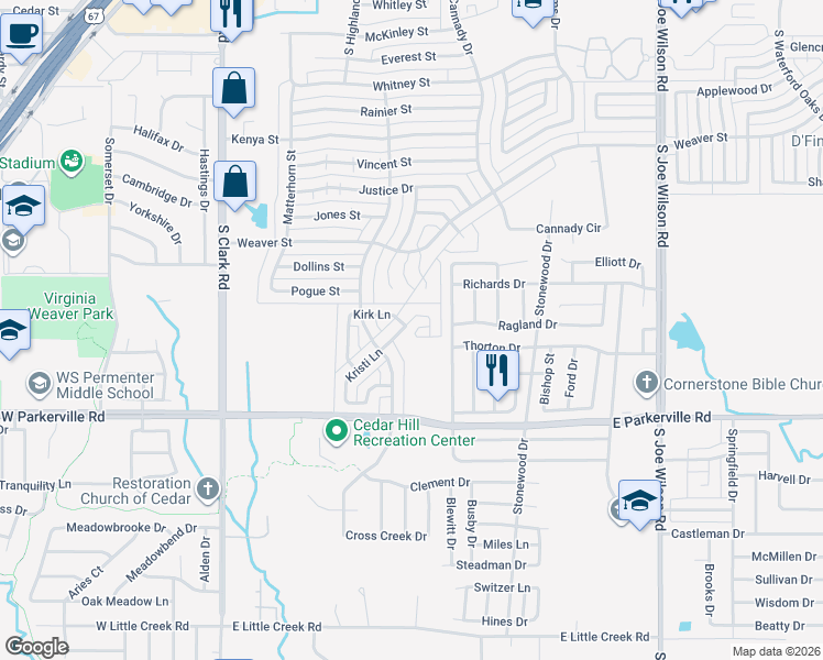 map of restaurants, bars, coffee shops, grocery stores, and more near 612 Kristi Lane in Cedar Hill
