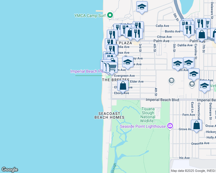 map of restaurants, bars, coffee shops, grocery stores, and more near 12 Ocean Lane in Imperial Beach