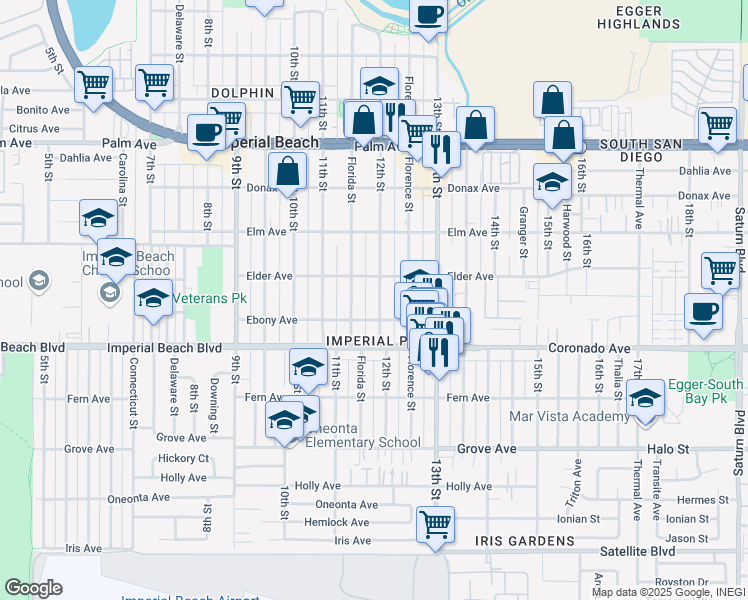 map of restaurants, bars, coffee shops, grocery stores, and more near 1024 12th Street in Imperial Beach