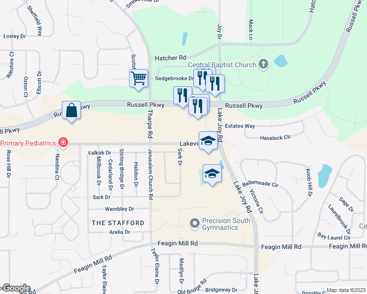 map of restaurants, bars, coffee shops, grocery stores, and more near 803 Sark Drive in Warner Robins