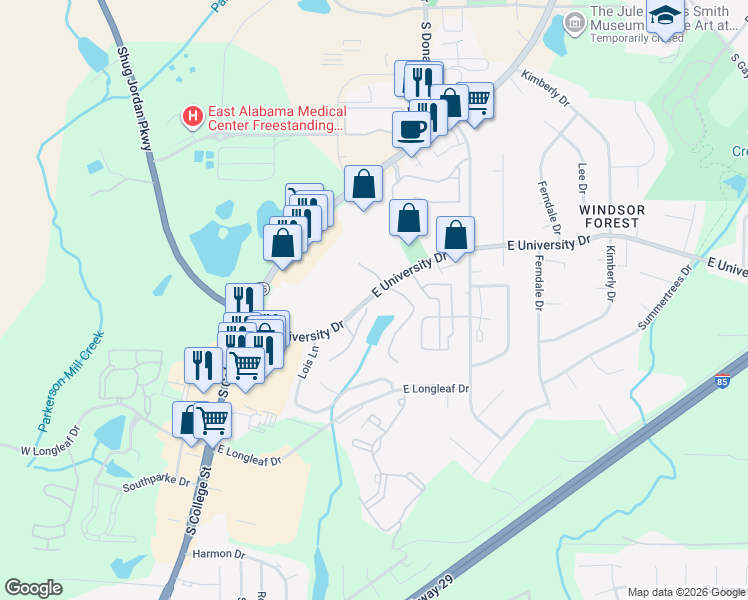 map of restaurants, bars, coffee shops, grocery stores, and more near 155 East University Drive in Auburn