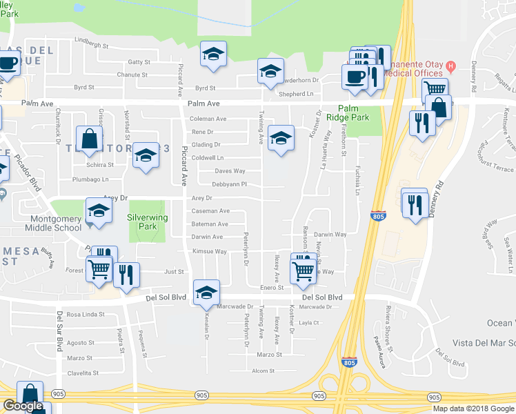 map of restaurants, bars, coffee shops, grocery stores, and more near 960 Twining Avenue in San Diego
