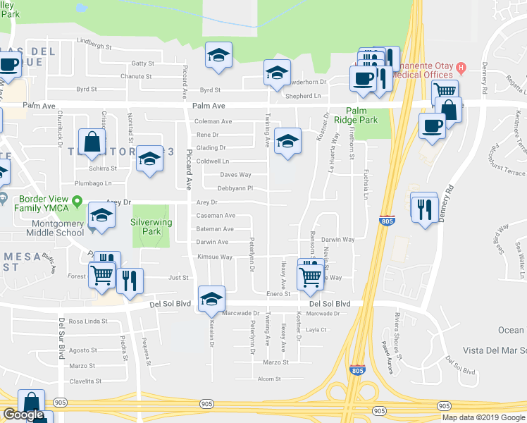 map of restaurants, bars, coffee shops, grocery stores, and more near 960 Twining Avenue in San Diego