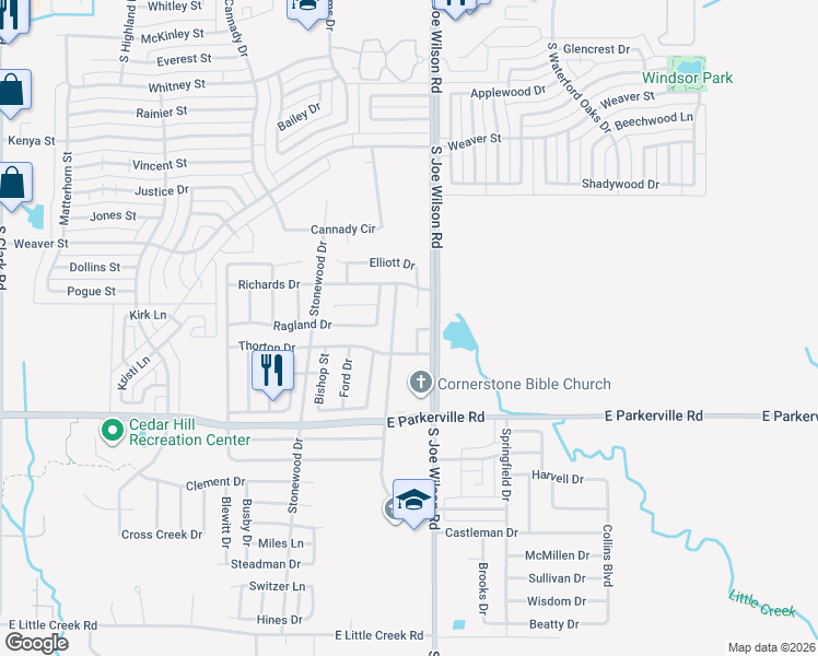 map of restaurants, bars, coffee shops, grocery stores, and more near 602 Thorton Court in Cedar Hill