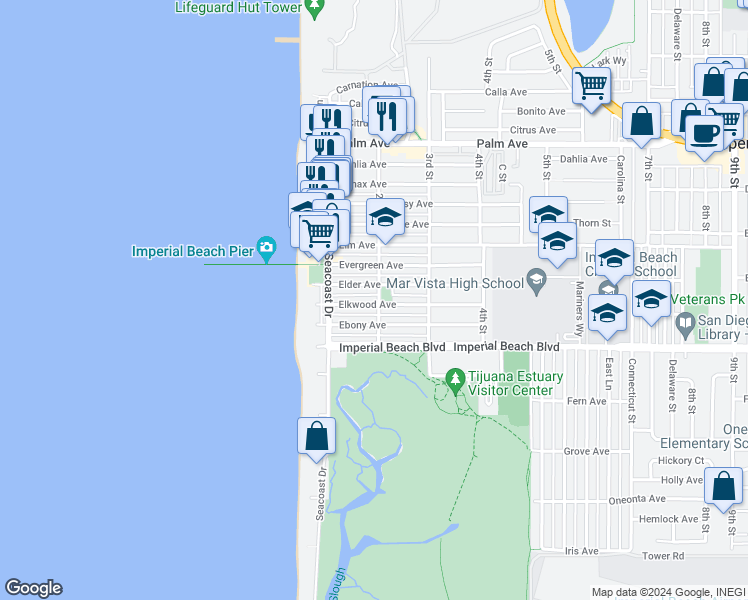 map of restaurants, bars, coffee shops, grocery stores, and more near 192 Elkwood Avenue in Imperial Beach