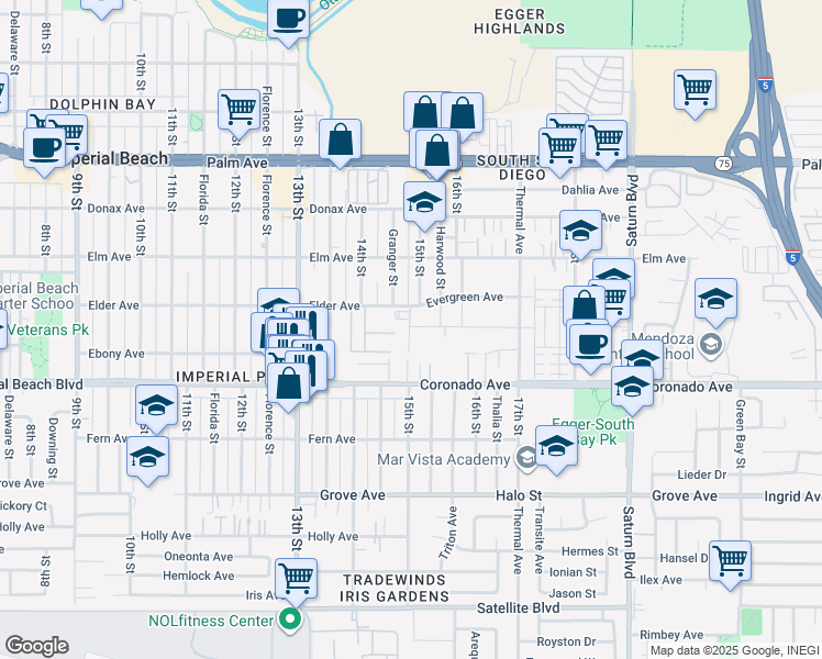 map of restaurants, bars, coffee shops, grocery stores, and more near 1479-85 Elder Avenue in Imperial Beach