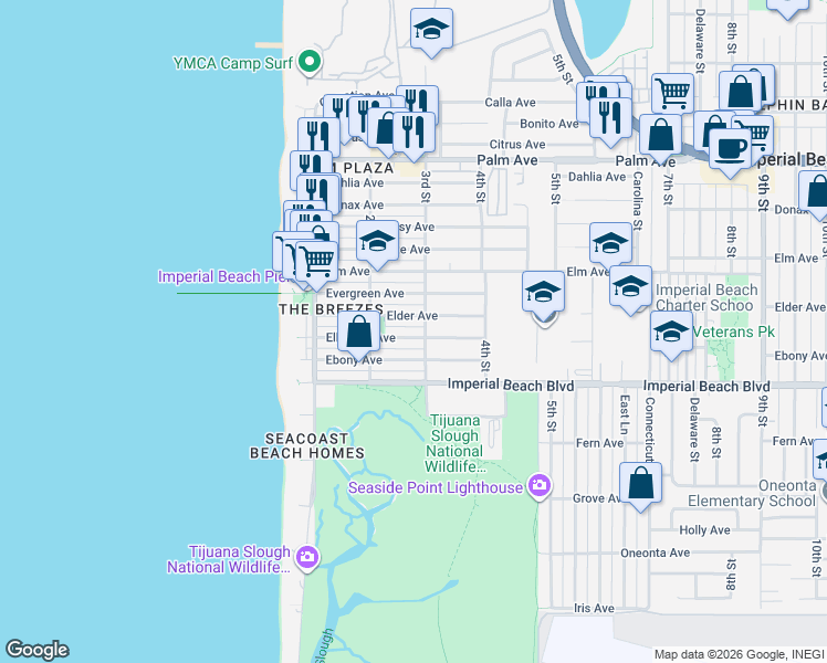map of restaurants, bars, coffee shops, grocery stores, and more near 293 Elder Avenue in Imperial Beach
