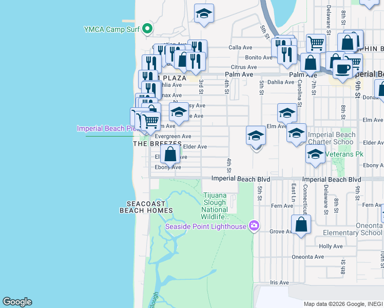 map of restaurants, bars, coffee shops, grocery stores, and more near 293 Elder Avenue in Imperial Beach