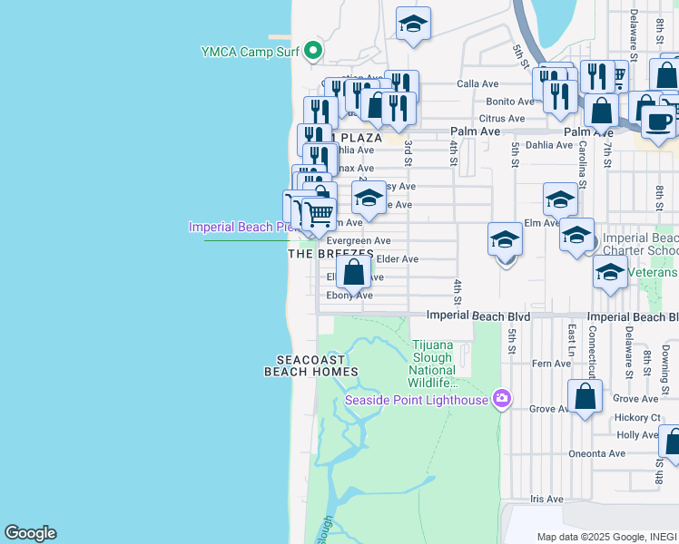 map of restaurants, bars, coffee shops, grocery stores, and more near 157 Elder Avenue in Imperial Beach