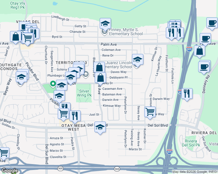 map of restaurants, bars, coffee shops, grocery stores, and more near 3966 Caseman Avenue in San Diego