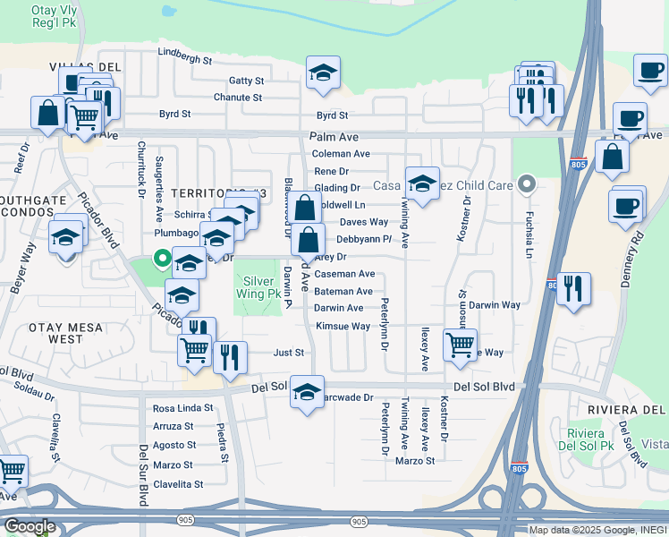 map of restaurants, bars, coffee shops, grocery stores, and more near 3966 Caseman Avenue in San Diego