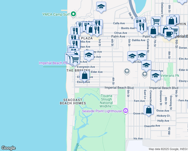 map of restaurants, bars, coffee shops, grocery stores, and more near 250 Elkwood Avenue in Imperial Beach