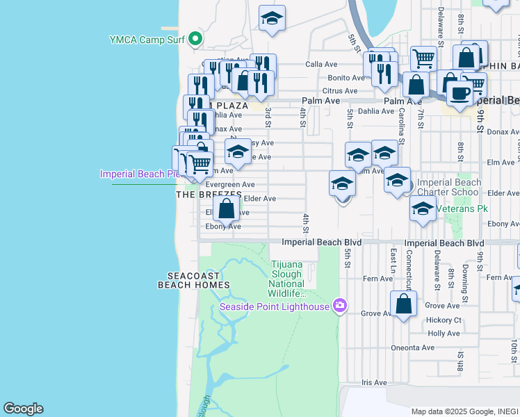 map of restaurants, bars, coffee shops, grocery stores, and more near 276 Elkwood Avenue in Imperial Beach