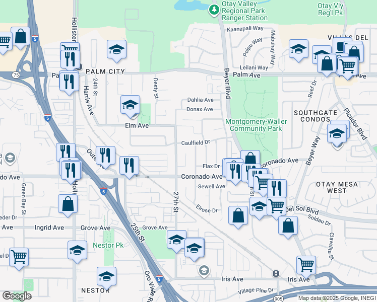 map of restaurants, bars, coffee shops, grocery stores, and more near 1007 Flax Court in San Diego