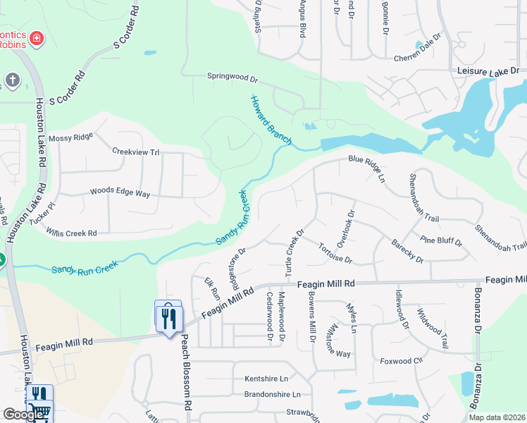 map of restaurants, bars, coffee shops, grocery stores, and more near 221 Blue Ridge Lane in Warner Robins