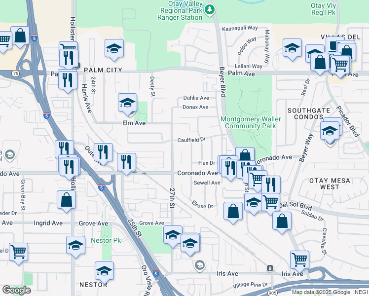 map of restaurants, bars, coffee shops, grocery stores, and more near 1007 Flax Court in San Diego