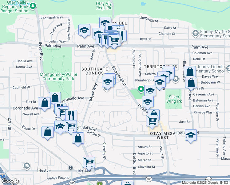 map of restaurants, bars, coffee shops, grocery stores, and more near 3206 Caminito Quixote in San Diego