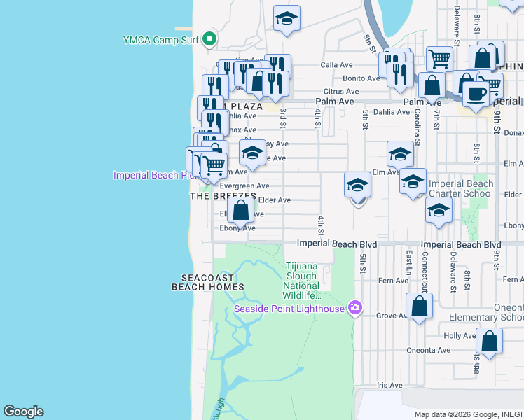 map of restaurants, bars, coffee shops, grocery stores, and more near 231 Elder Avenue in Imperial Beach