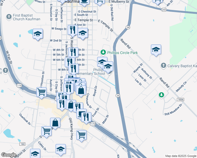 map of restaurants, bars, coffee shops, grocery stores, and more near 501 East 9th Street in Kaufman