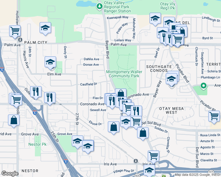 map of restaurants, bars, coffee shops, grocery stores, and more near 1034 Maddie Lane in San Diego
