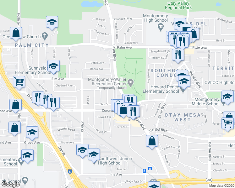 map of restaurants, bars, coffee shops, grocery stores, and more near 2921 Coleville Court in San Diego