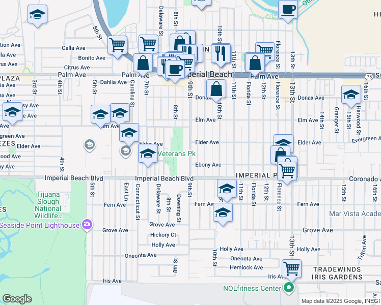 map of restaurants, bars, coffee shops, grocery stores, and more near 1015 9th Street in Imperial Beach