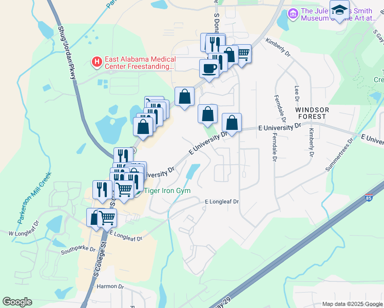 map of restaurants, bars, coffee shops, grocery stores, and more near 155 East University Drive in Auburn