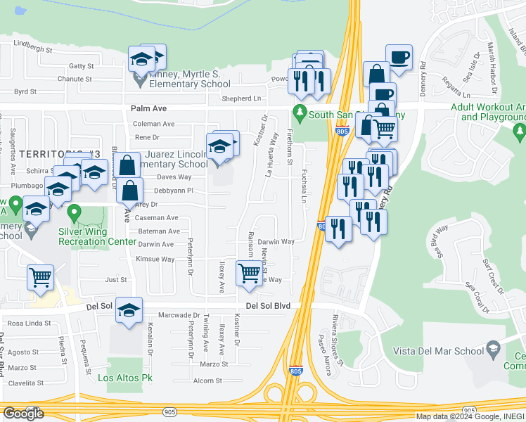 map of restaurants, bars, coffee shops, grocery stores, and more near 4310 Ebersole Drive in San Diego