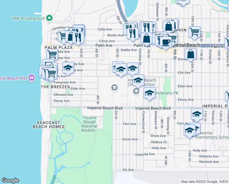 map of restaurants, bars, coffee shops, grocery stores, and more near 505 Elm Avenue in Imperial Beach