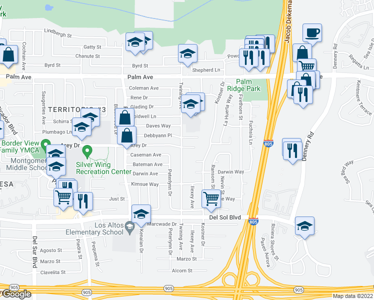 map of restaurants, bars, coffee shops, grocery stores, and more near 4113 Arey Drive in San Diego