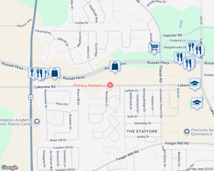map of restaurants, bars, coffee shops, grocery stores, and more near 1044 Lakeview Road in Warner Robins