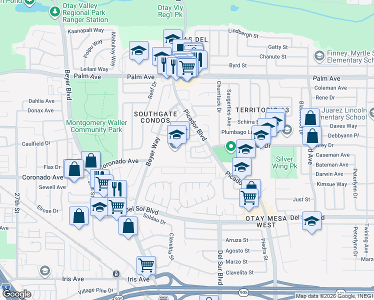 map of restaurants, bars, coffee shops, grocery stores, and more near 3234 Caminito Quixote in San Diego