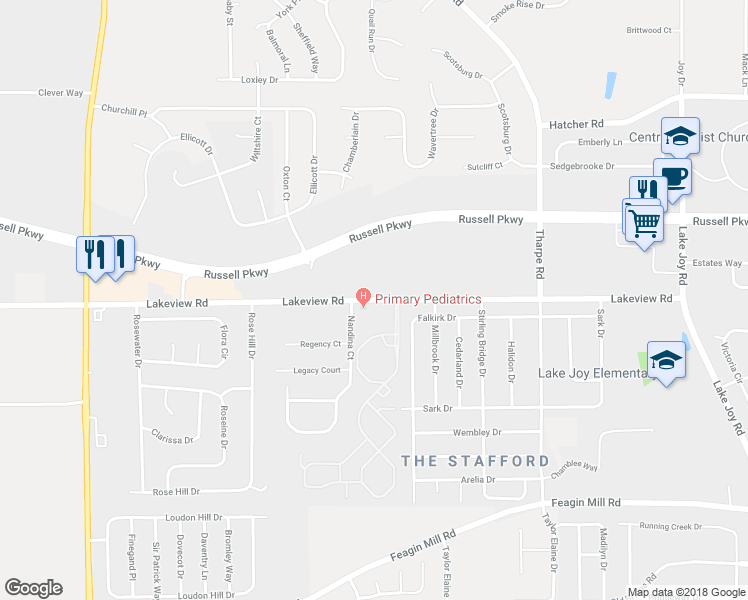 map of restaurants, bars, coffee shops, grocery stores, and more near 1044 Lakeview Road in Warner Robins