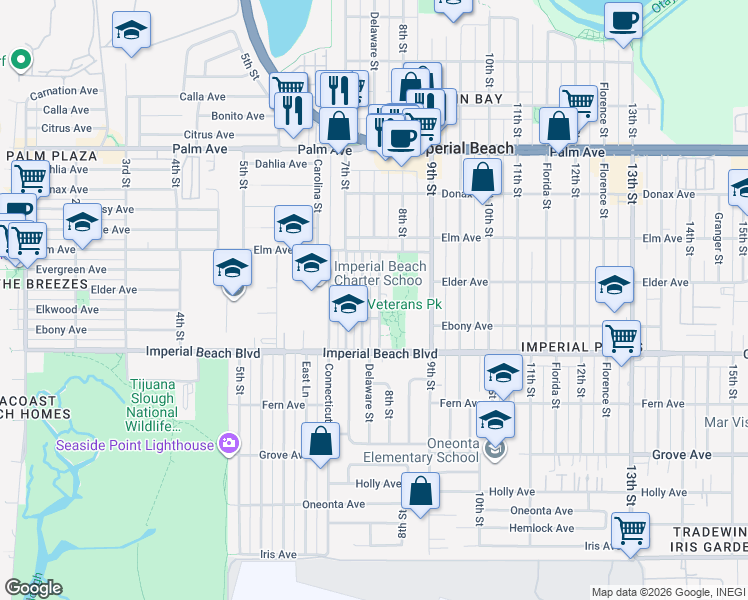 map of restaurants, bars, coffee shops, grocery stores, and more near 1024 8th Street in Imperial Beach